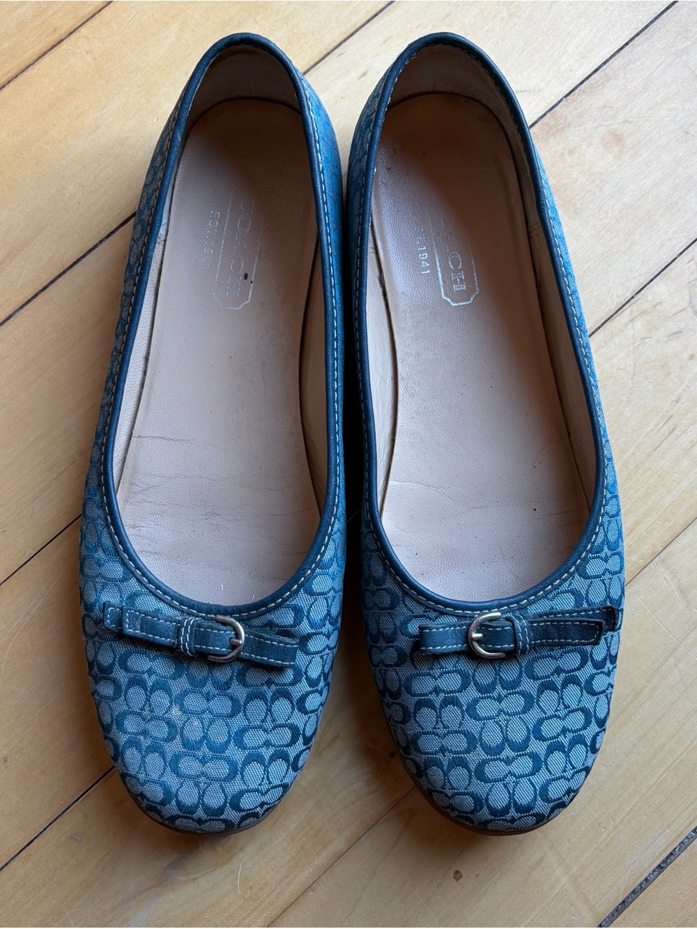 COACH Denim Blue Crystal Signature C Canvas Buckle Ballet Flats Slip-On Shoes 8
